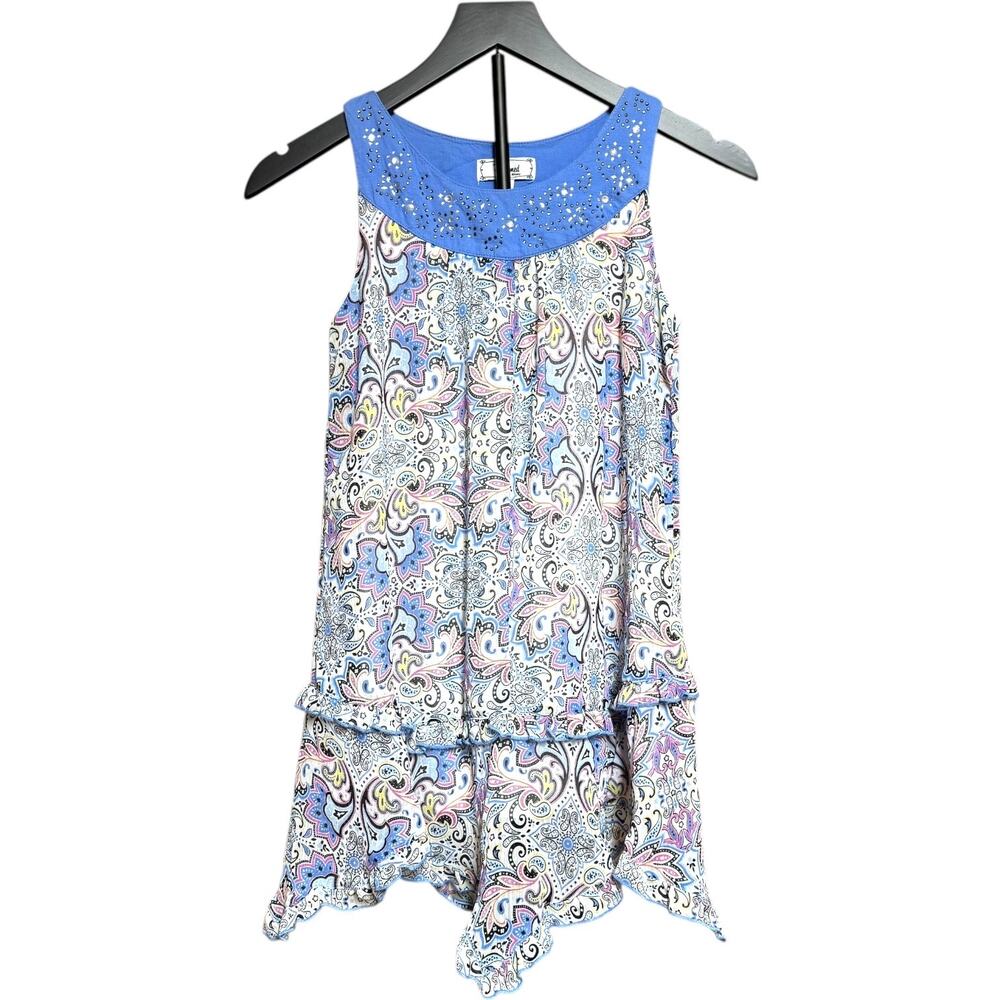 D-Signed Sleeveless Ruffle Tiered Bandana Dress Blue Pink Yellow Small 7/8